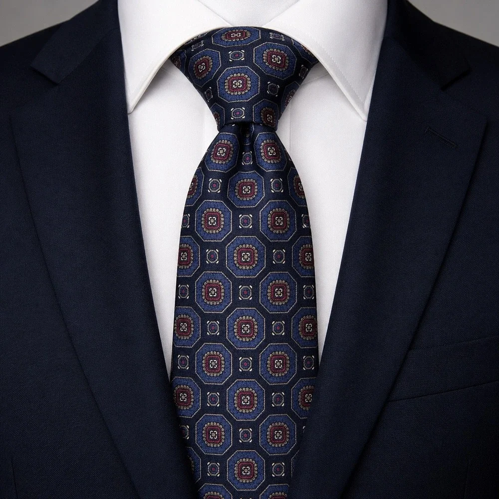 Vintage Italy 100% Silk Handmade USA  Club Room Navy Blue Geometric Medallion